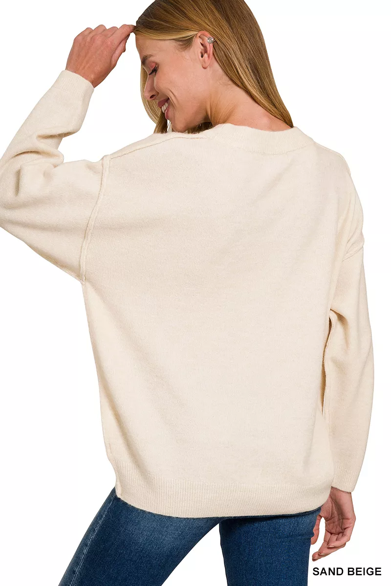 Melange Front Seam Round-Neck Sweater, image 3