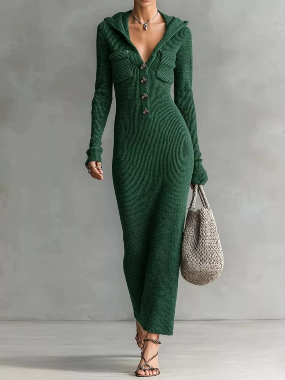 Hooded Knit Maxi Dress with Button-Up Placket and Chest Pockets, image 5