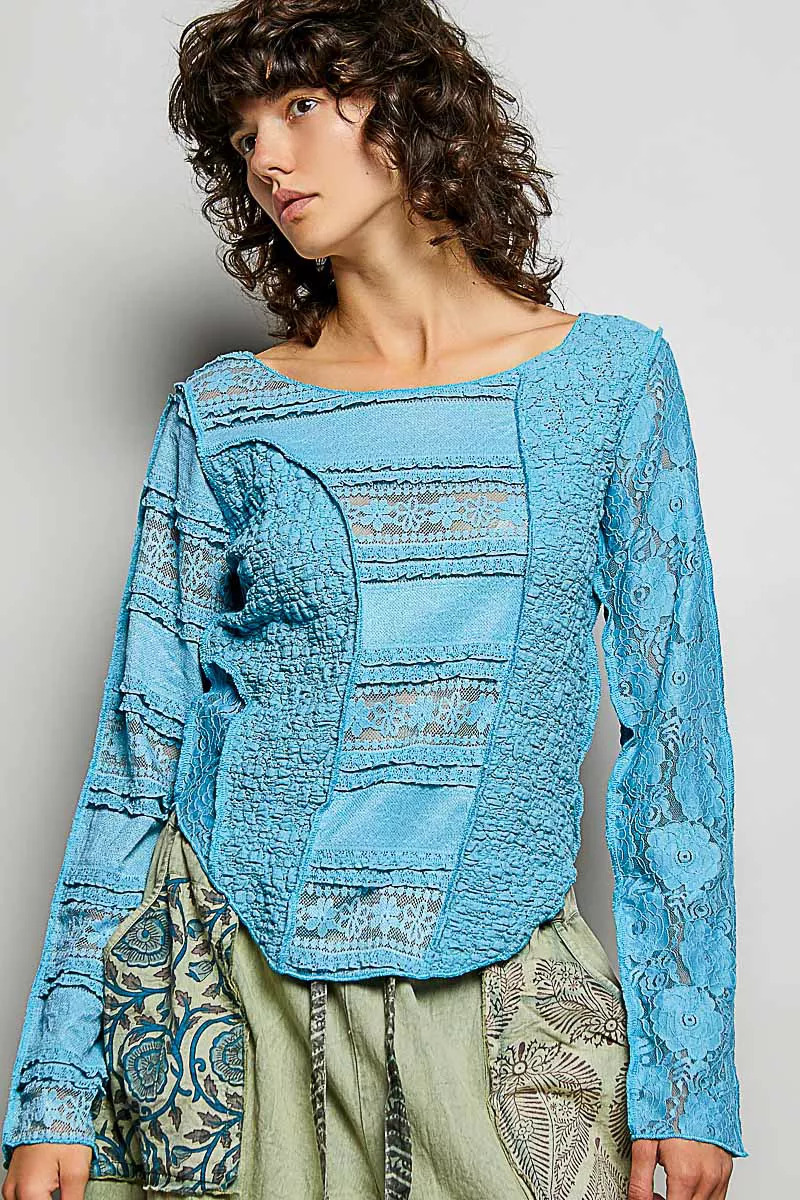 Round Neck Long Sleeve Exposed Seam Top with Lace Detail