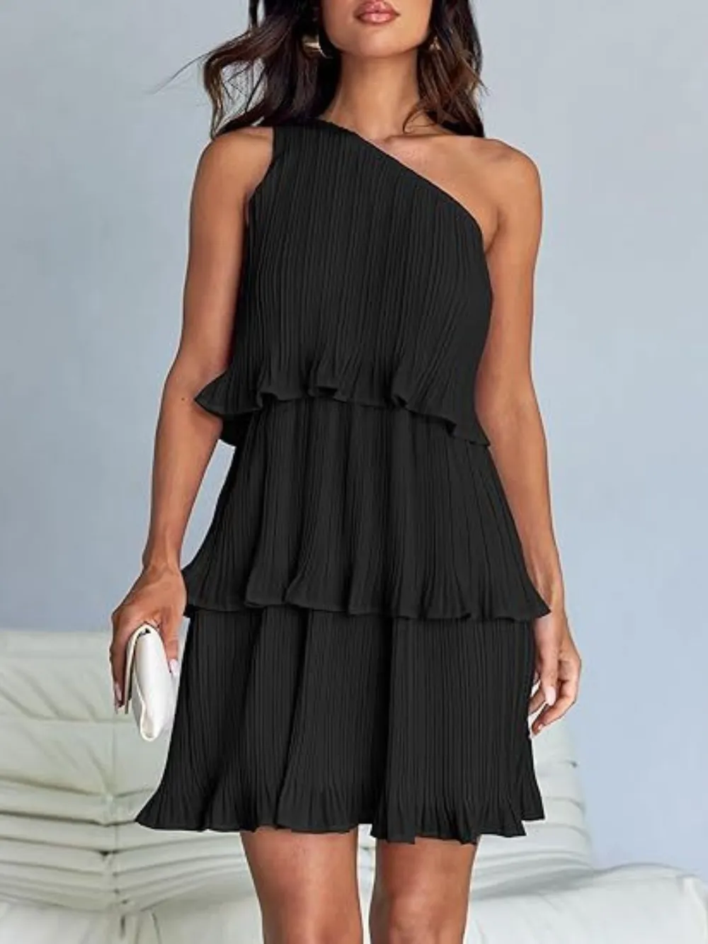 Layered Single Shoulder Mini Dress, image 31