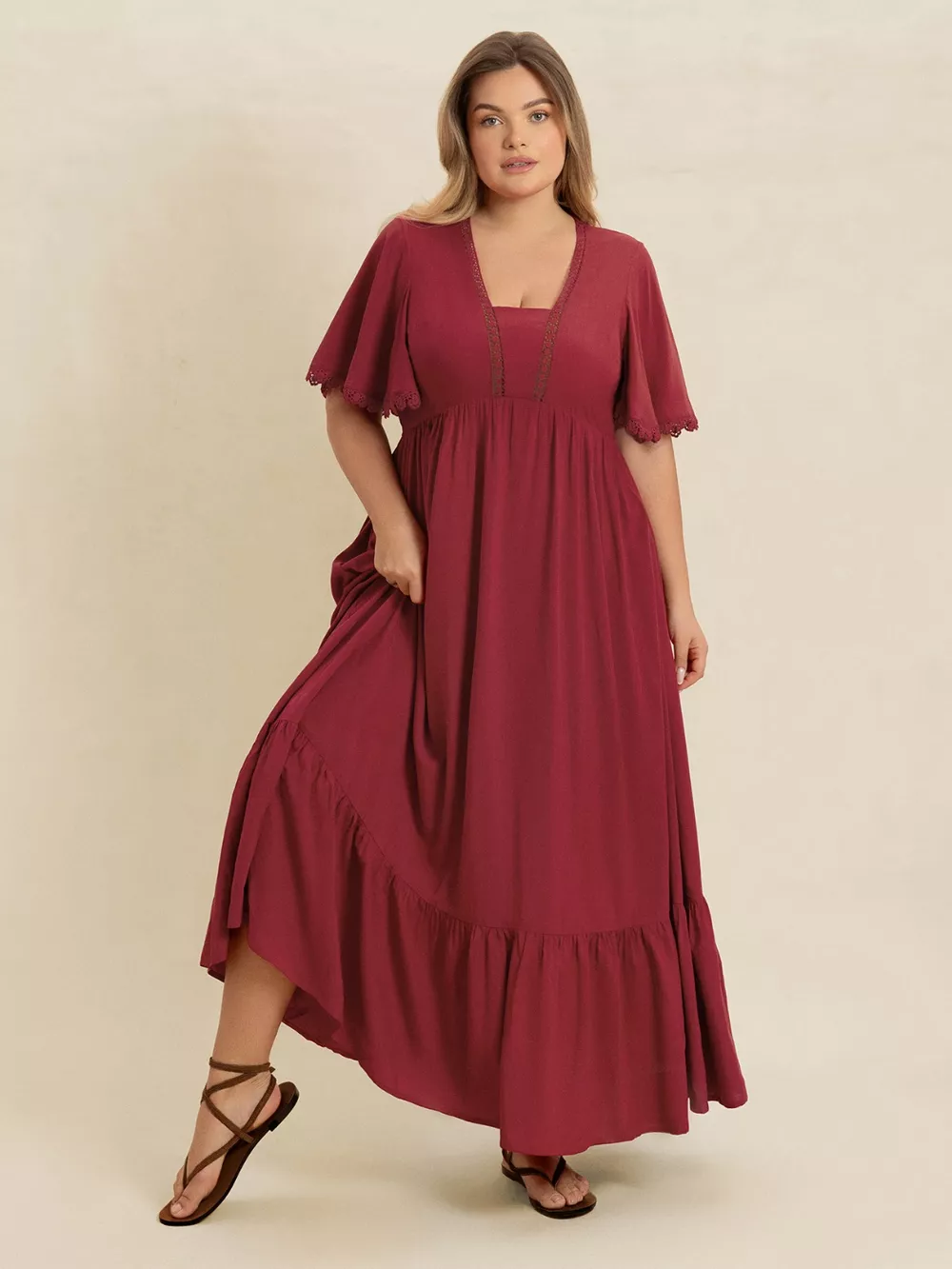 Plus Size Lace Detail Flutter Sleeve Maxi Dress, image 6