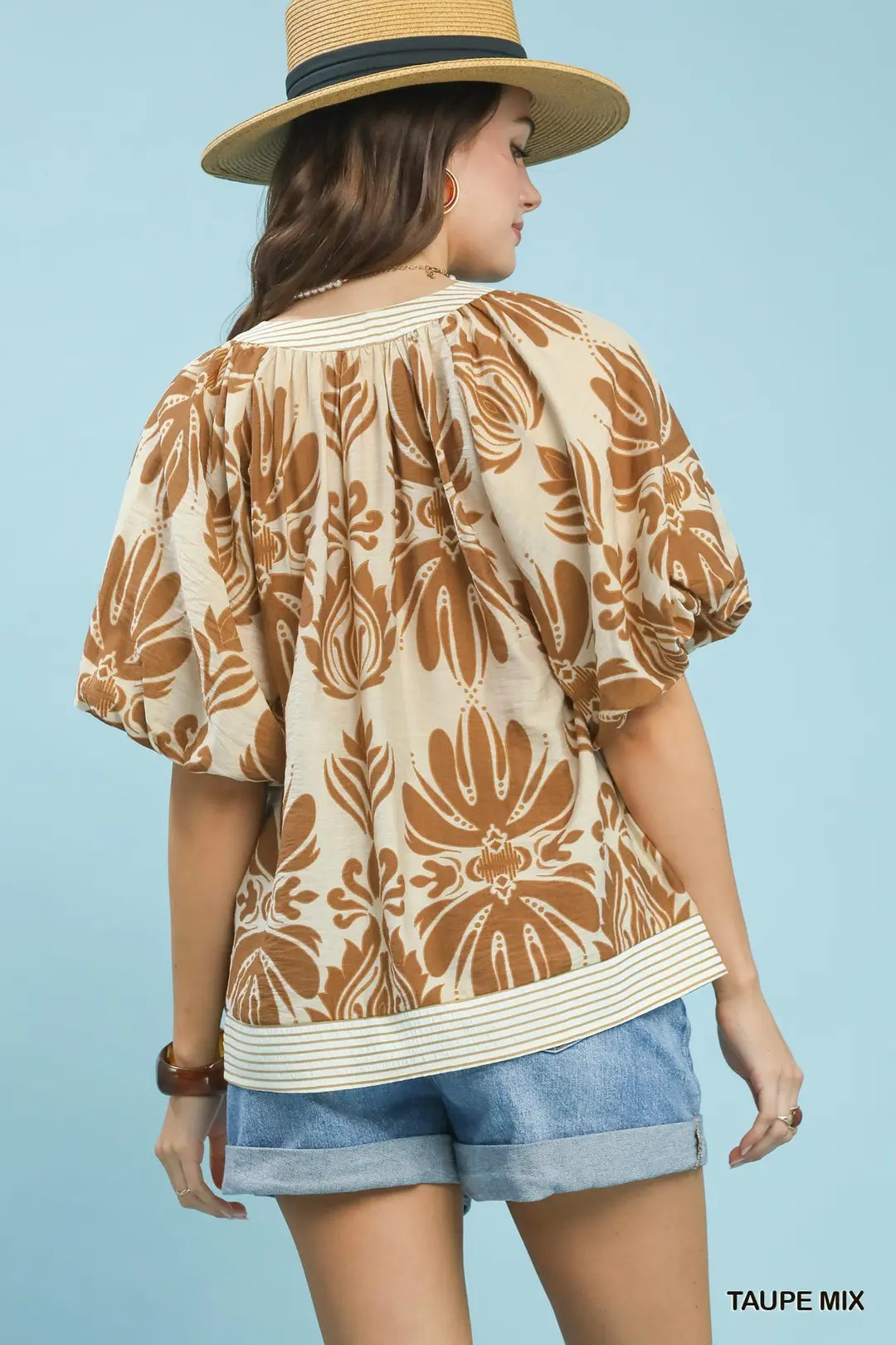 Mix Printed Puff Sleeve Top with Contrast Trim, image 3