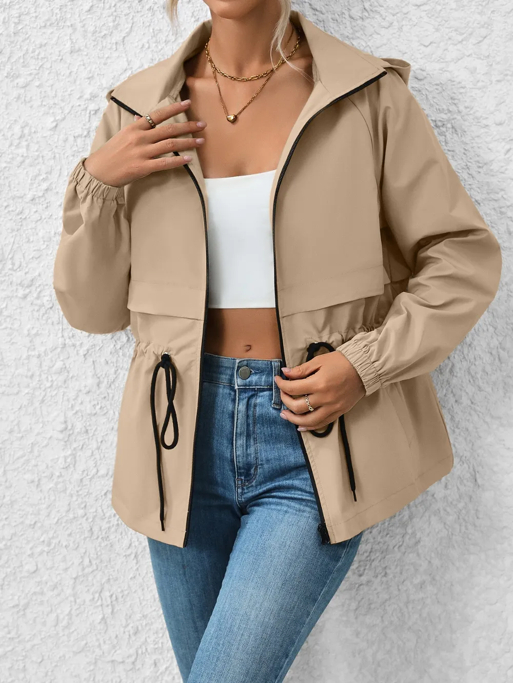 Drawstring Zip Up Hooded Jacket, image 11