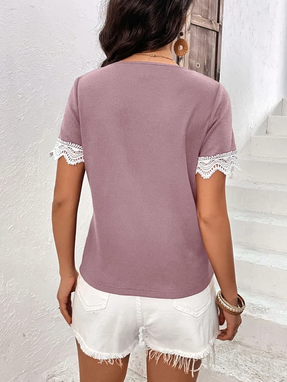 Lace Detail V-Neck Short Sleeve T-Shirt, image 12