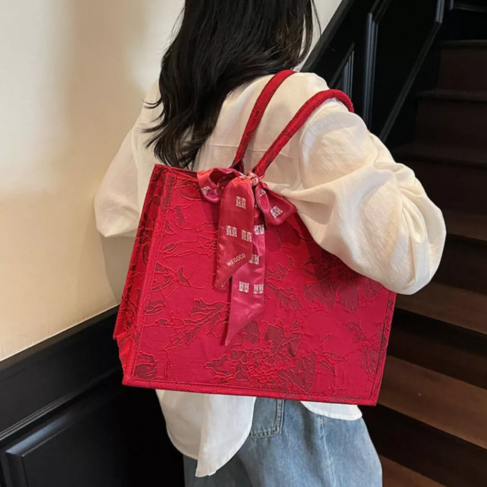 Floral Embossed Tote Handbag with Scarf Accent, image 4
