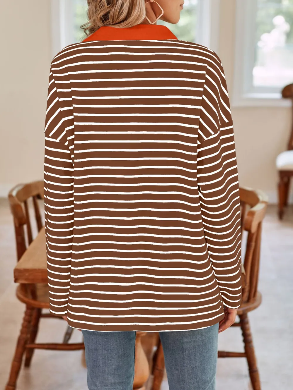 Striped Johnny Collar Long Sleeve T-Shirt, image 27