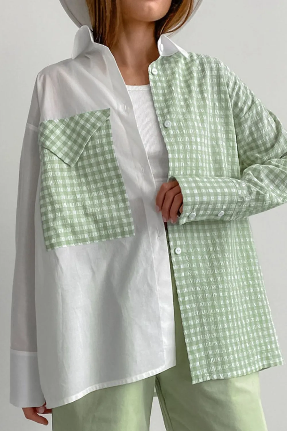 Two-Tone Plaid Button Down Long Sleeve Shirt, image 2