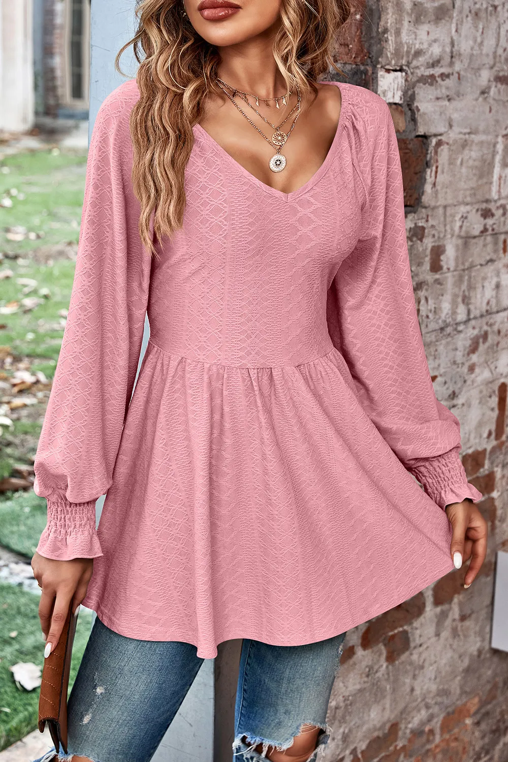 Peplum V-Neck Long Sleeve Blouse, image 30