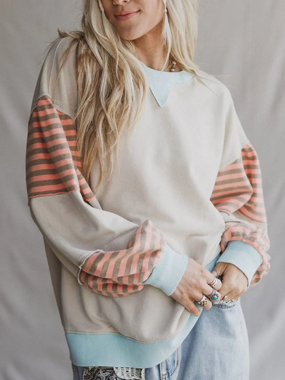 Striped Colorblock Patchwork Drop Shoulder Sweatshirt, image 4
