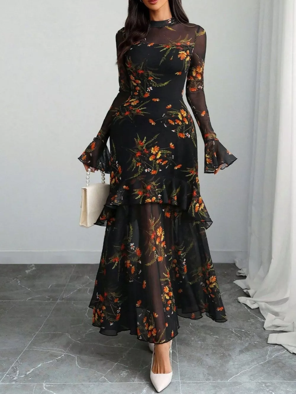 Floral Print Flounce Sleeve Mermaid Maxi Dress, image 2