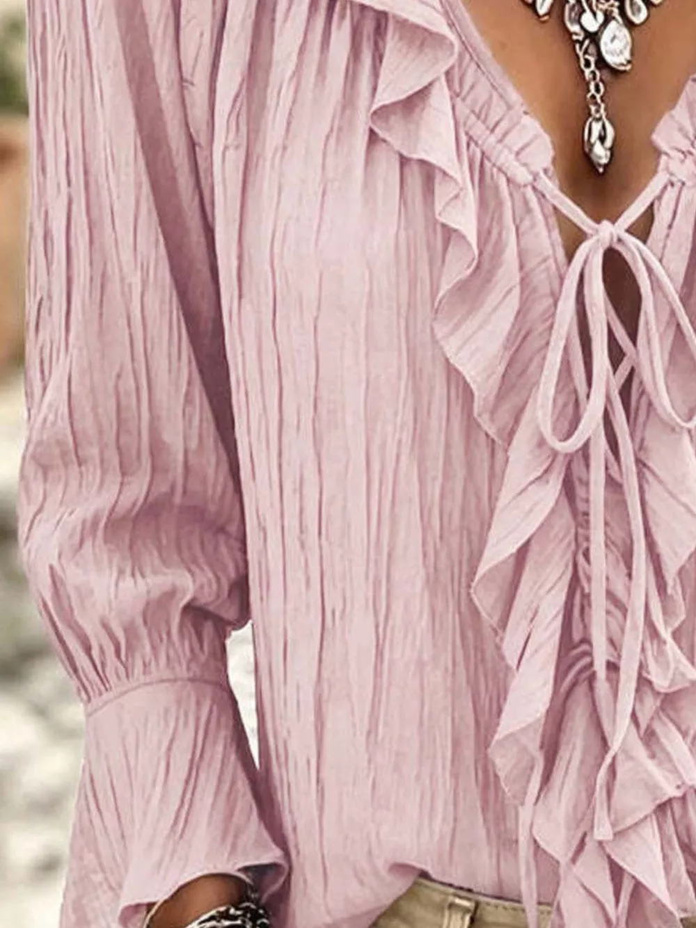 Full Size Ruffled Tie Neck Long Sleeve Blouse Plus Size, image 8