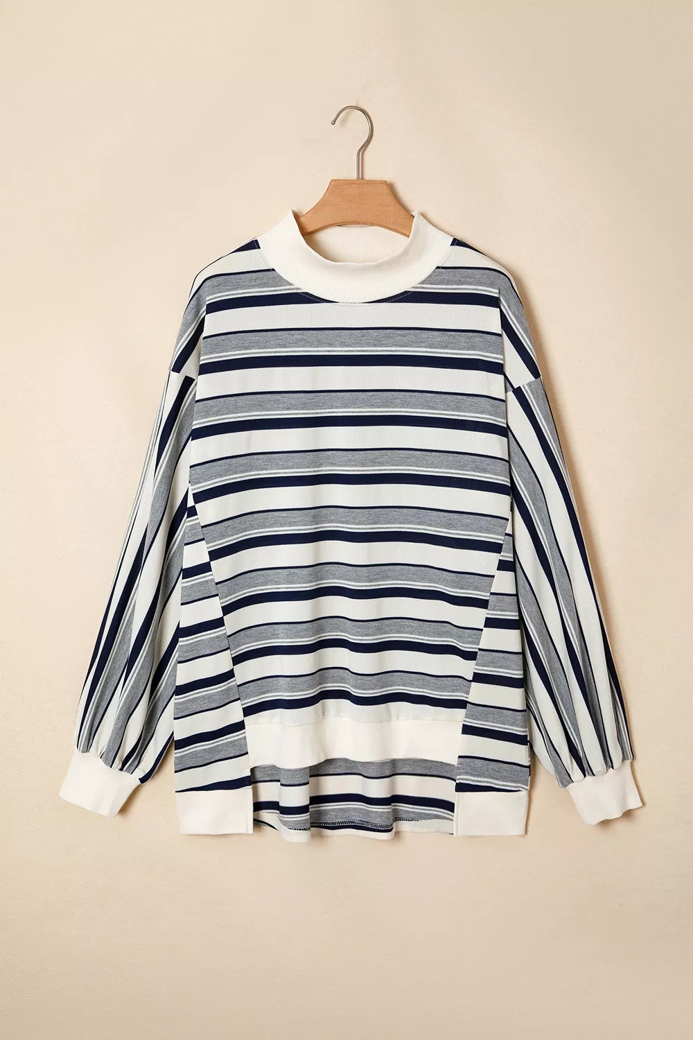Striped Ribbed Stand Neck Long Sleeve Shift Silhouette Sweatshirt, image 3