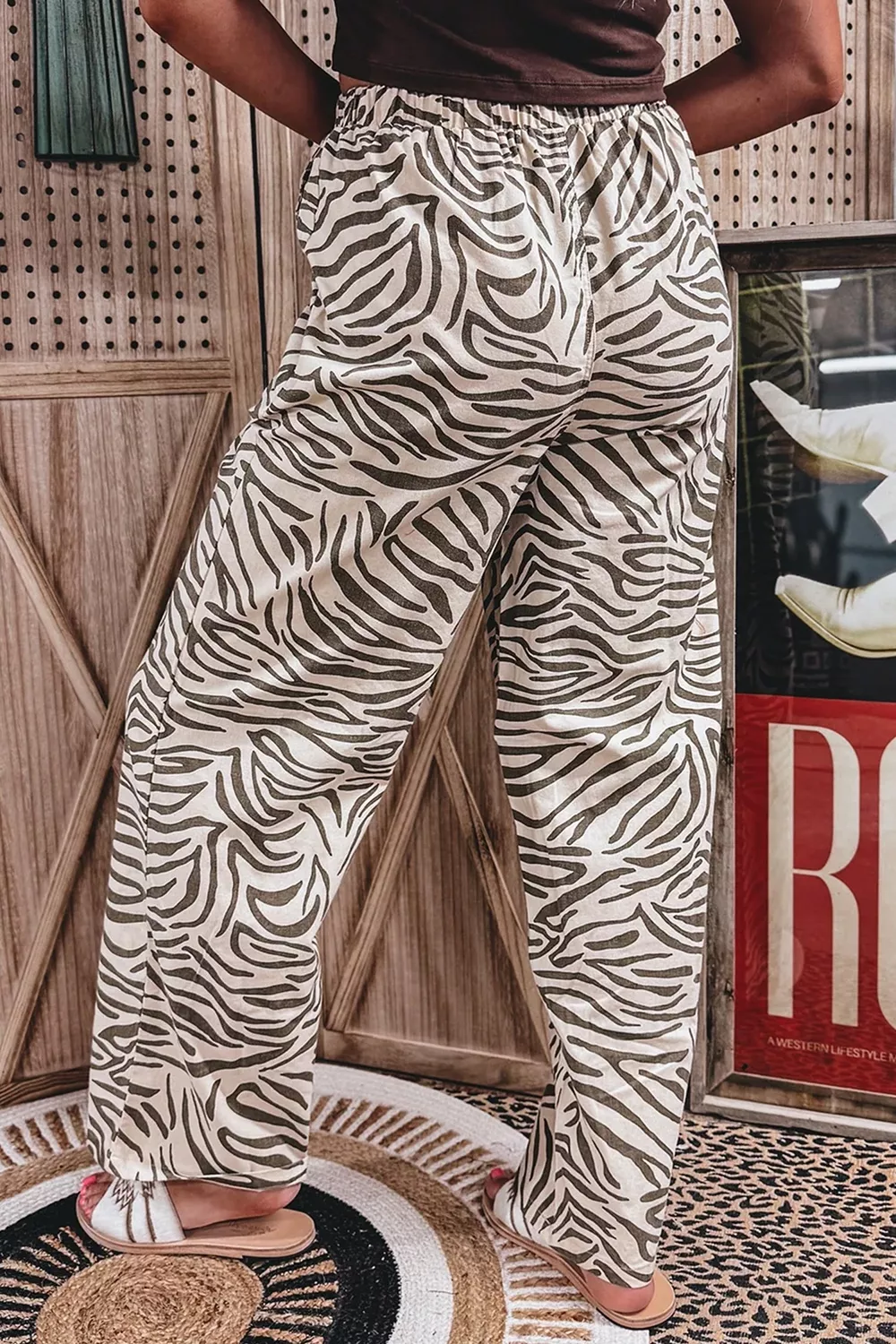 Multicolour Western Print Zebra Pattern Elastic Waist Pocket Pants, image 5