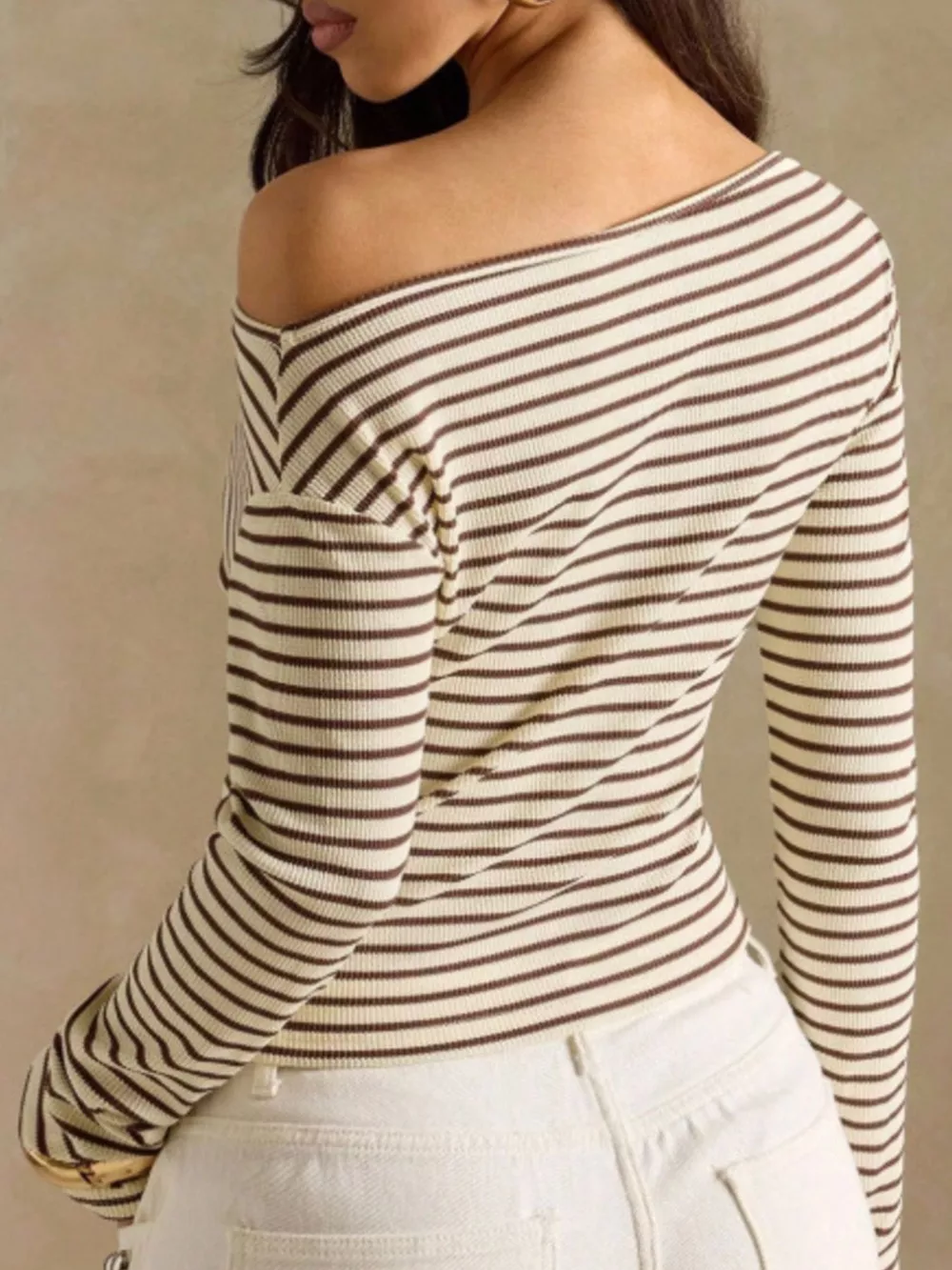Off-Shoulder Striped Ribbed Long Sleeve T-Shirt, image 8