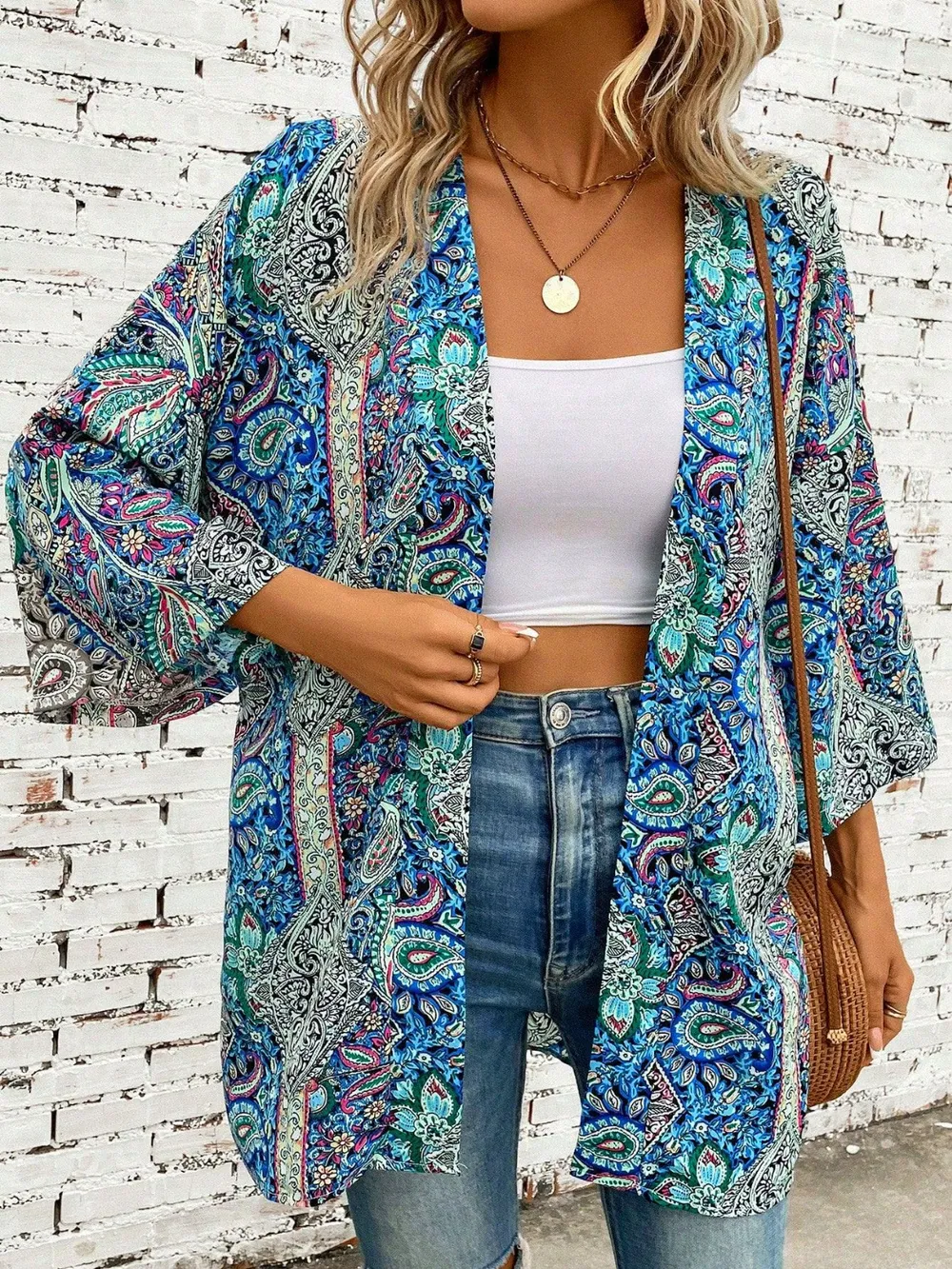 Printed Open Front Three-Quarter Sleeve Cover Up, image 3