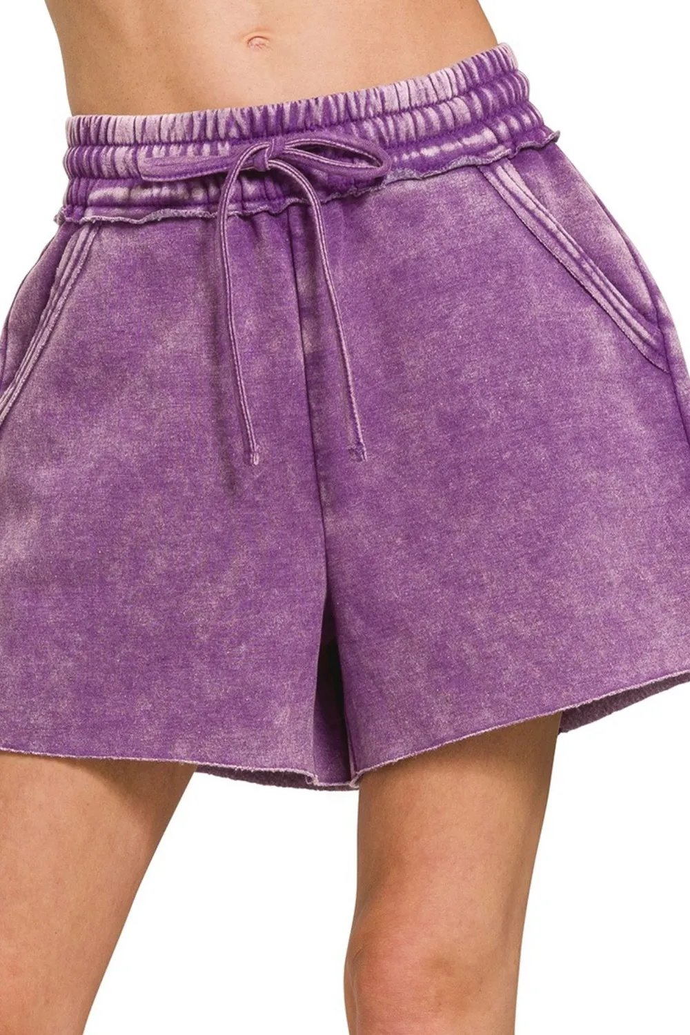 Acid Wash Fleece Drawstring Shorts With Pockets