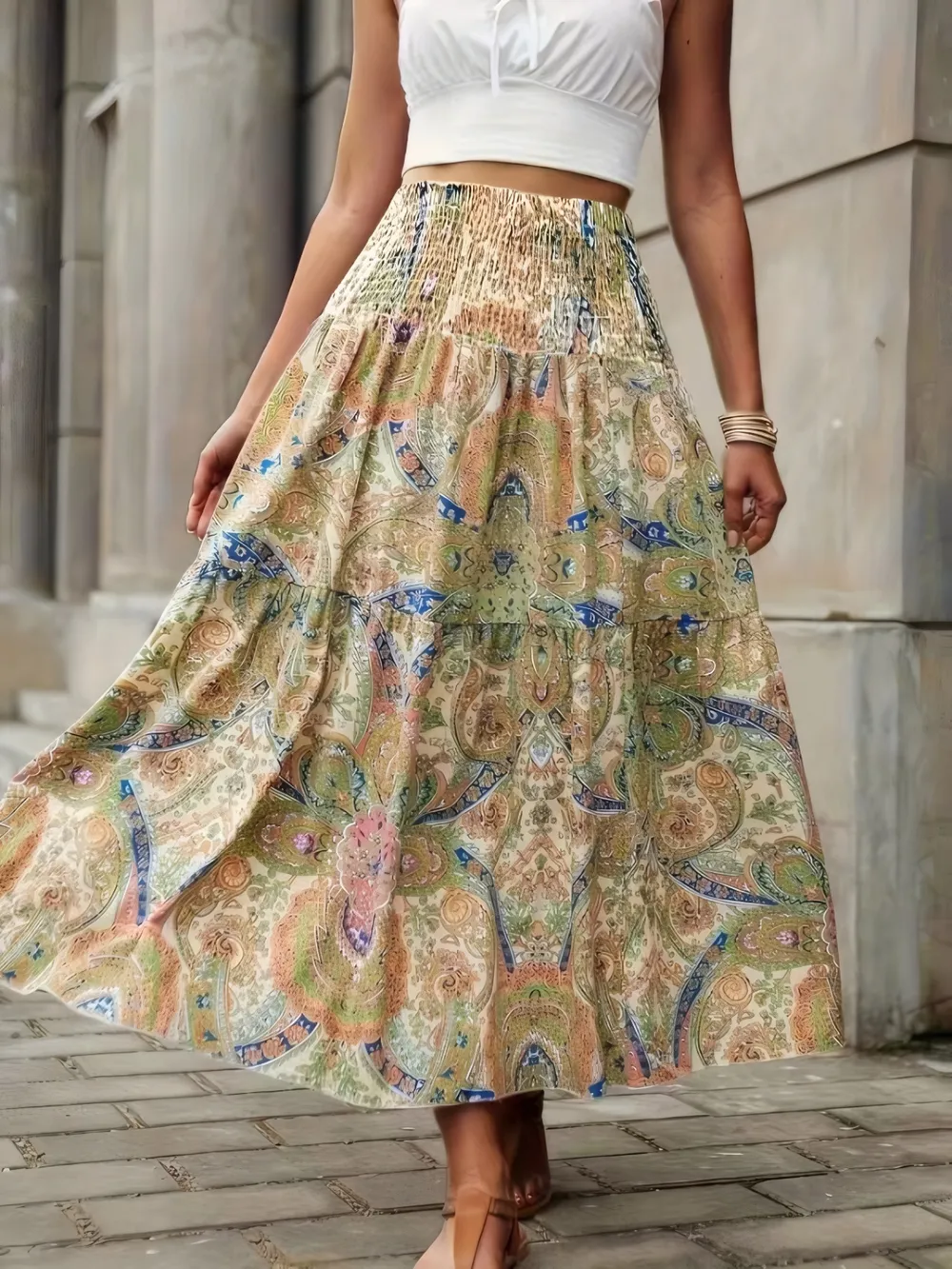 Smocked Printed High Waist Skirt, image 5