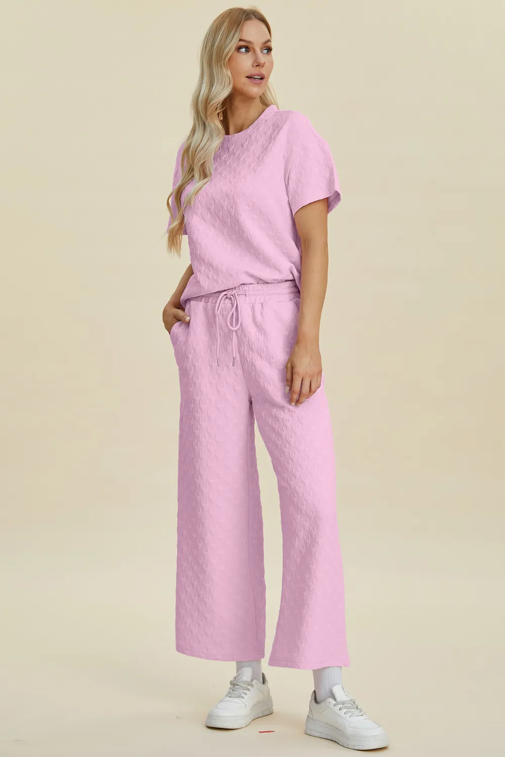Full Size Texture Round Neck Short Sleeve Top and Pants Set, image 16