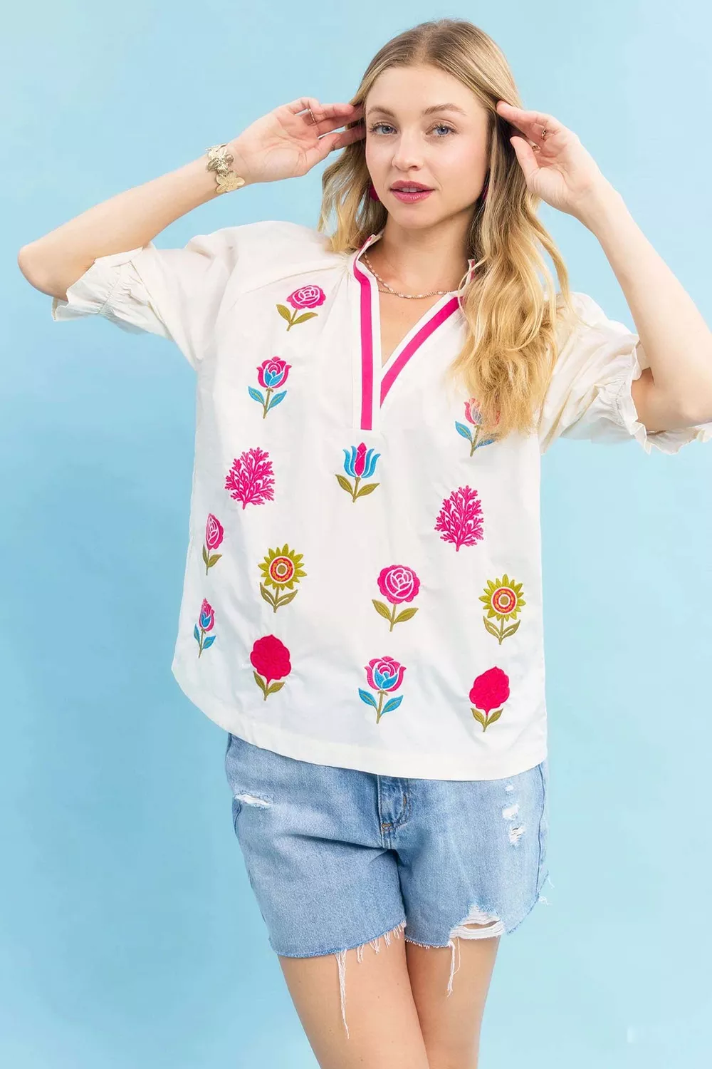Embroidered Floral Top with Contrast Trim