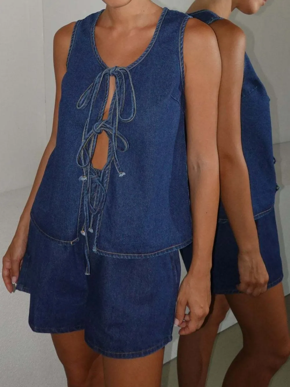 Tie Front Vest and Shorts Denim Set, image 9