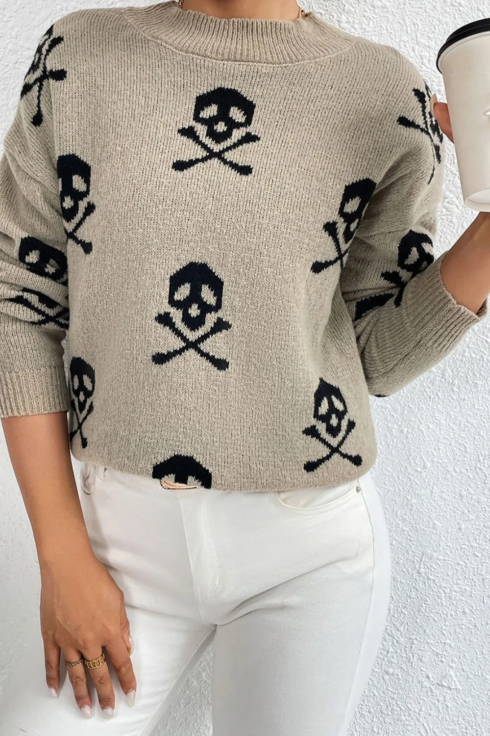 Graphic Mock Neck Dropped Shoulder Sweater, image 10