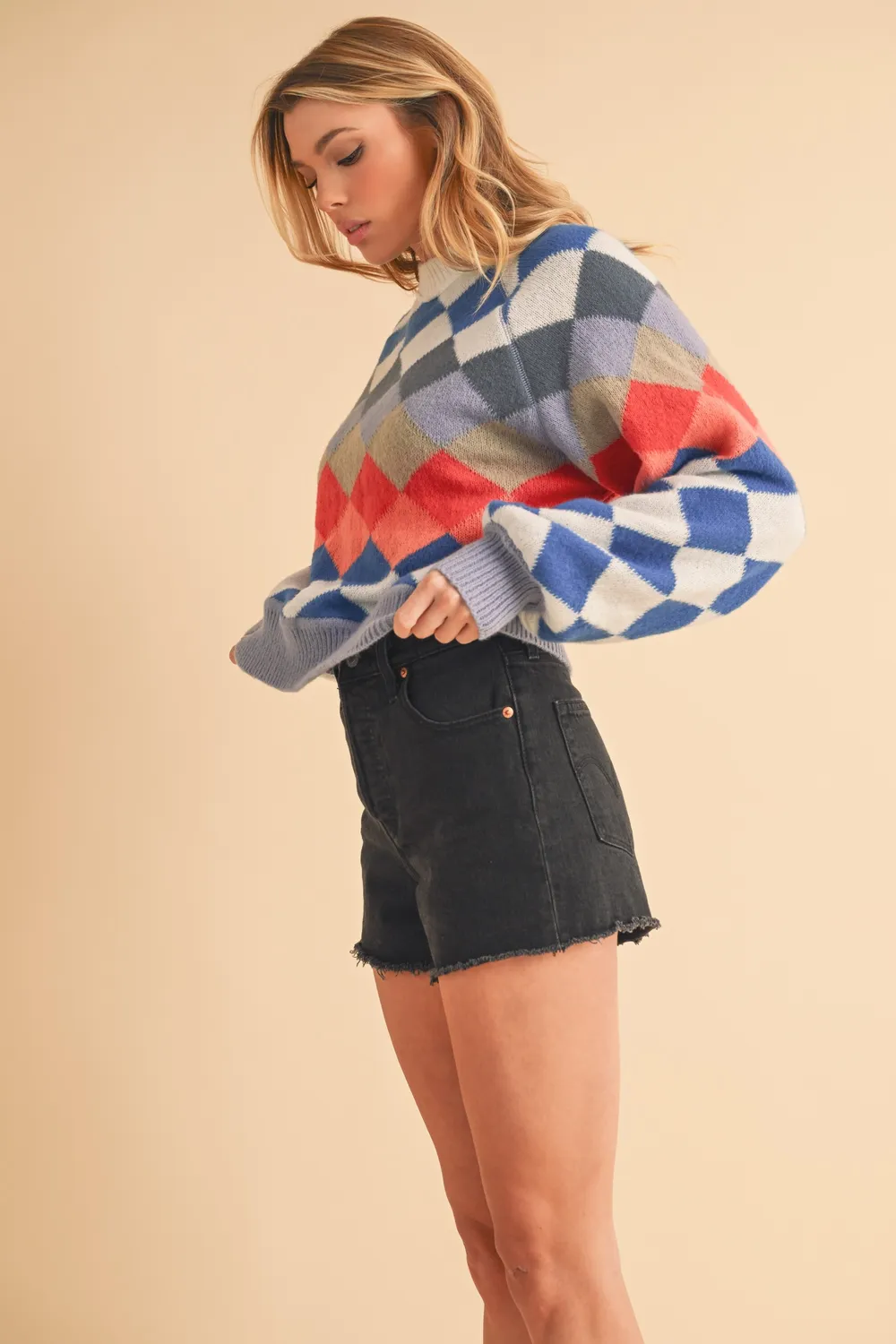 Diamond Mock Neck Raglan Sleeve Sweater, image 9