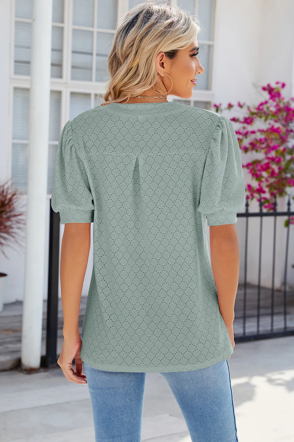 Eyelet Notched Puff Sleeve T-Shirt, image 24
