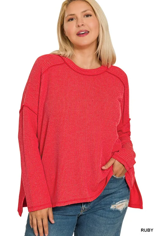 Full Size Exposed Seam Long Sleeve Corded Rib Knit Top Plus Size, image 2