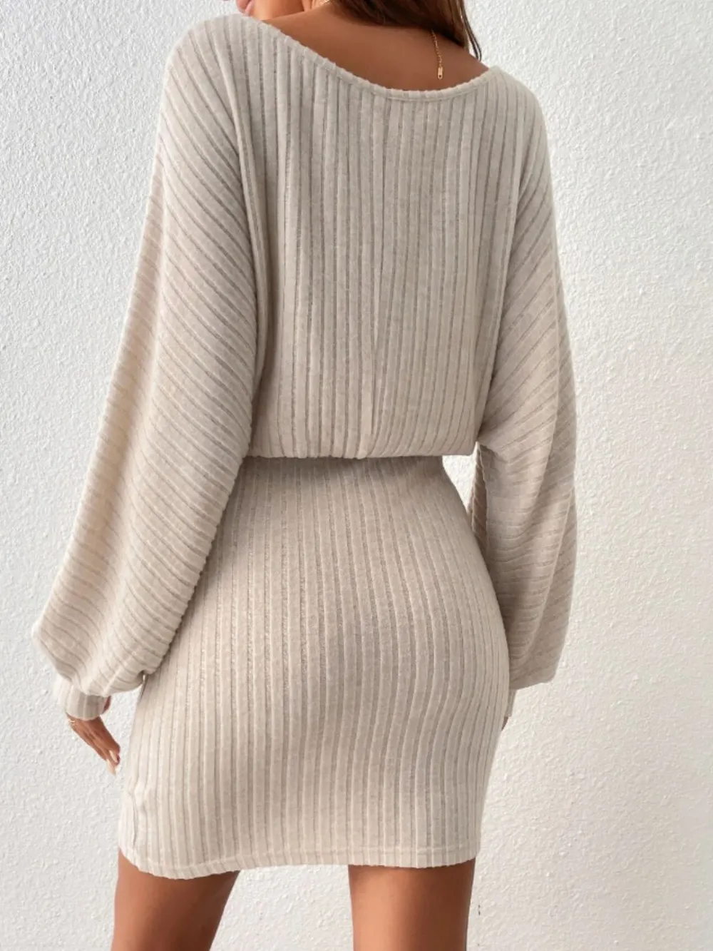 Round Neck Tie Waist Long Sleeve Mini Dress, image 4