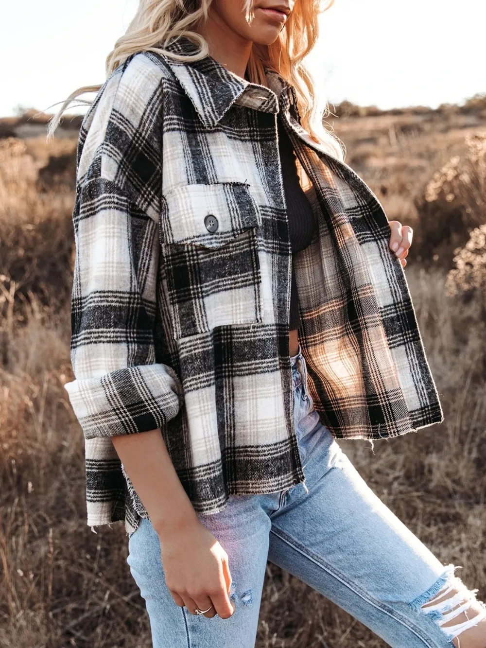 Pocketed Plaid Button Down Long Sleeve Shacket, image 4