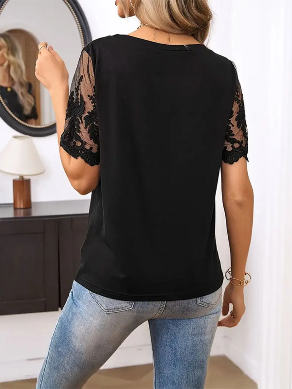 Lace Detail Round Neck Short Sleeve T-Shirt, image 17