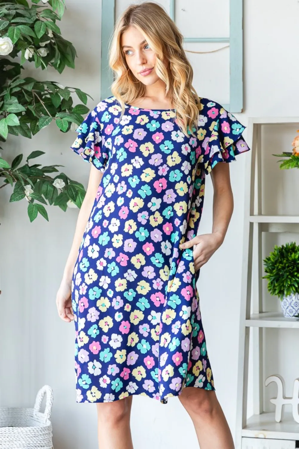 Full Size Floral Ruffled Short Sleeve Dress with Pockets, image 4