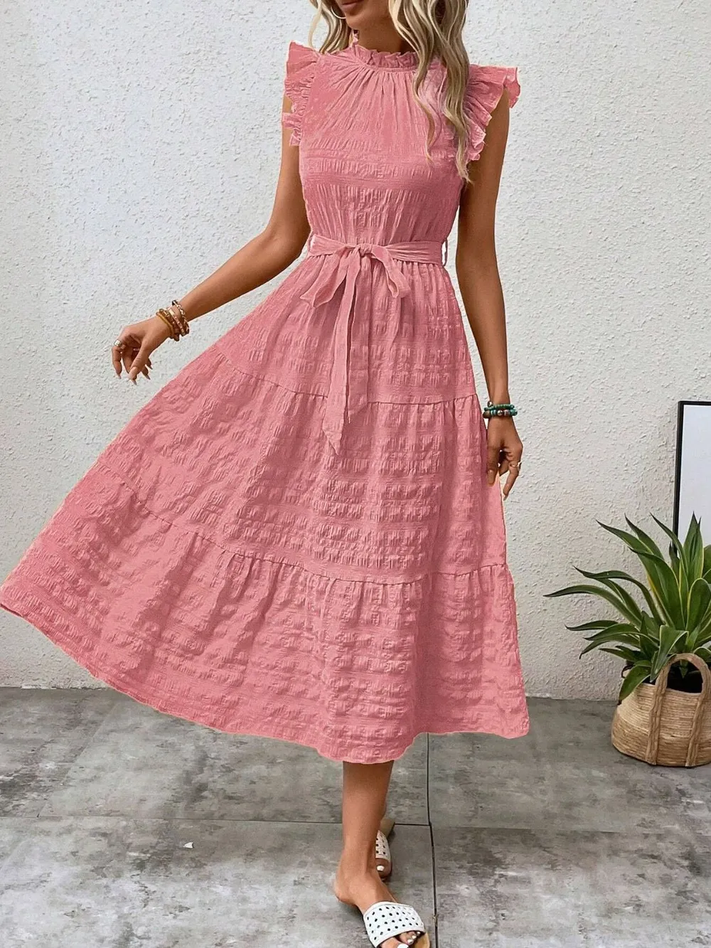 Tied Ruffled Cap Sleeve Midi Dress, image 30