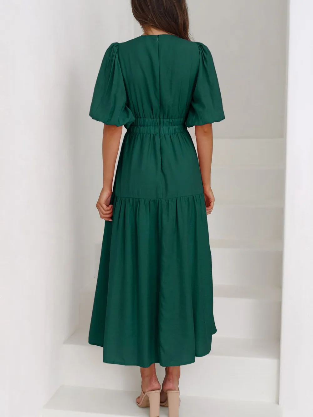 V-Neck Puff Sleeve Midi Dress, image 24