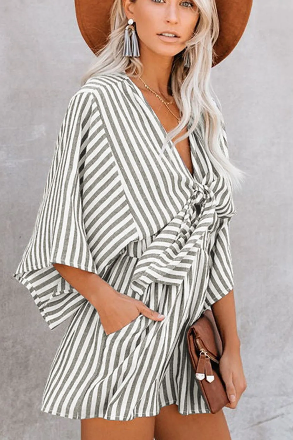 Bow Striped Kimono Sleeve Romper, image 17