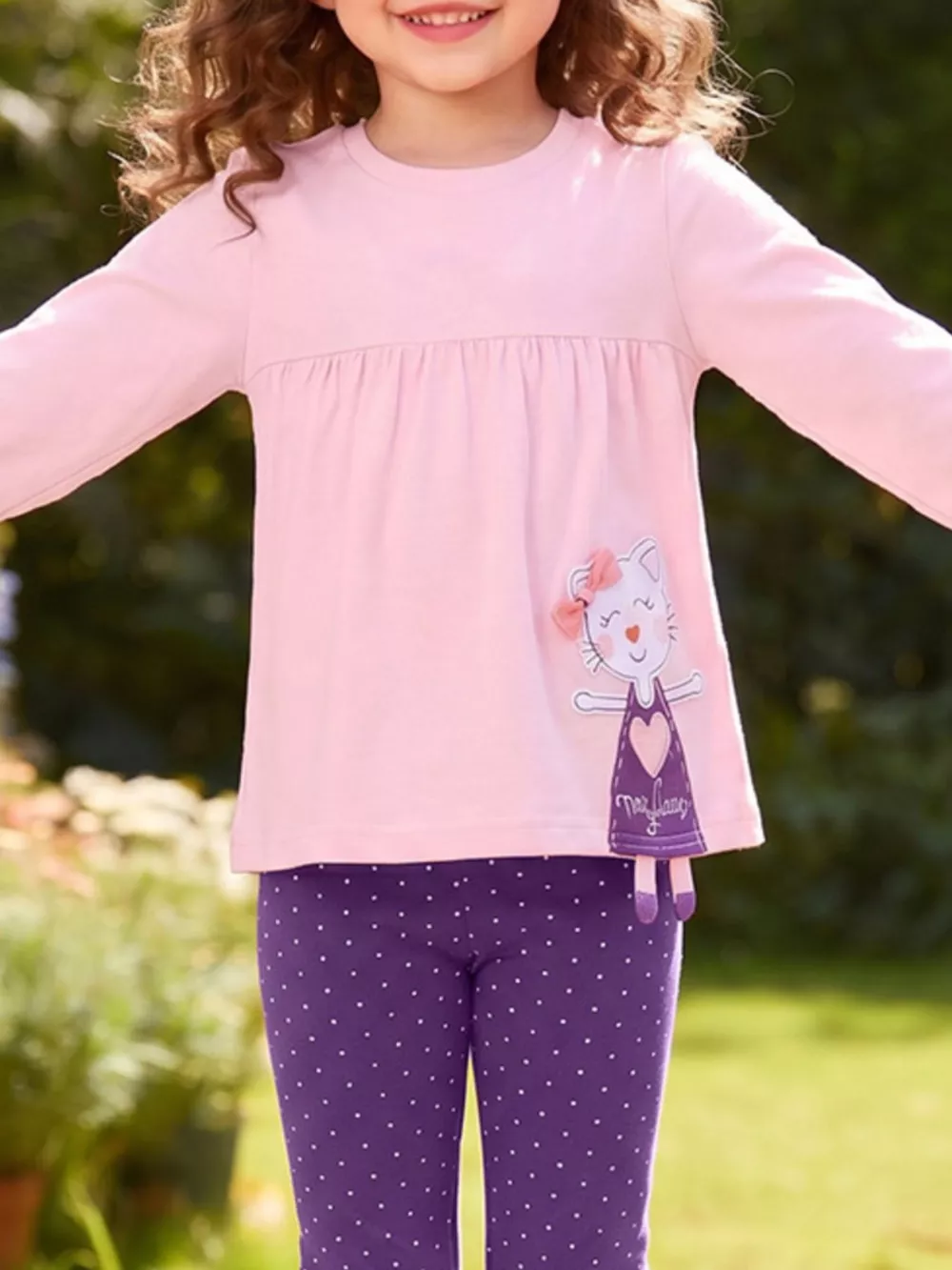 Children's Cat Applique Long Sleeve Top and Polka Dot Leggings Set, image 3