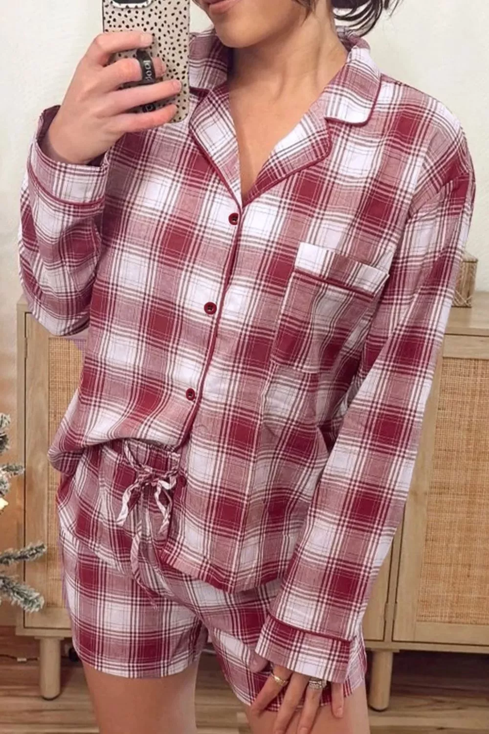 Plaid Long Sleeve Shirt and Drawstring Shorts Lounge Set, image 12