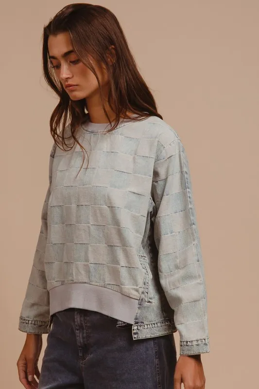 Mineral Washed Checkered Round Neck Denim Top, image 2