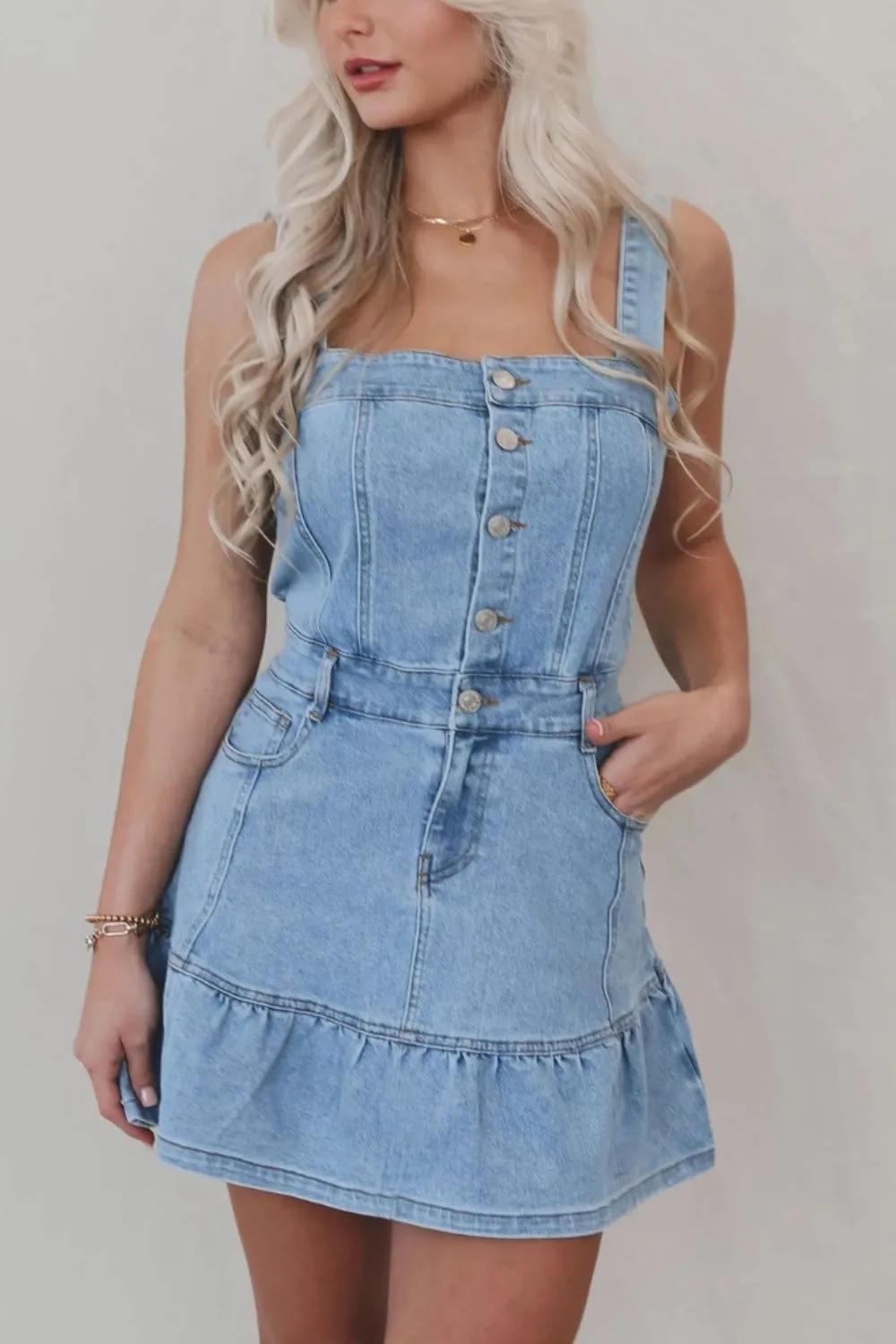 Ruffled Hem Button Front Square Neck Denim Dress, image 5