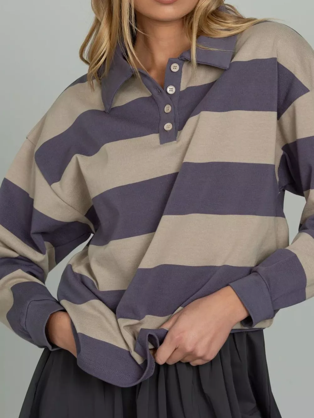 Striped Polo Collar Sweatshirt with Button Details, image 9