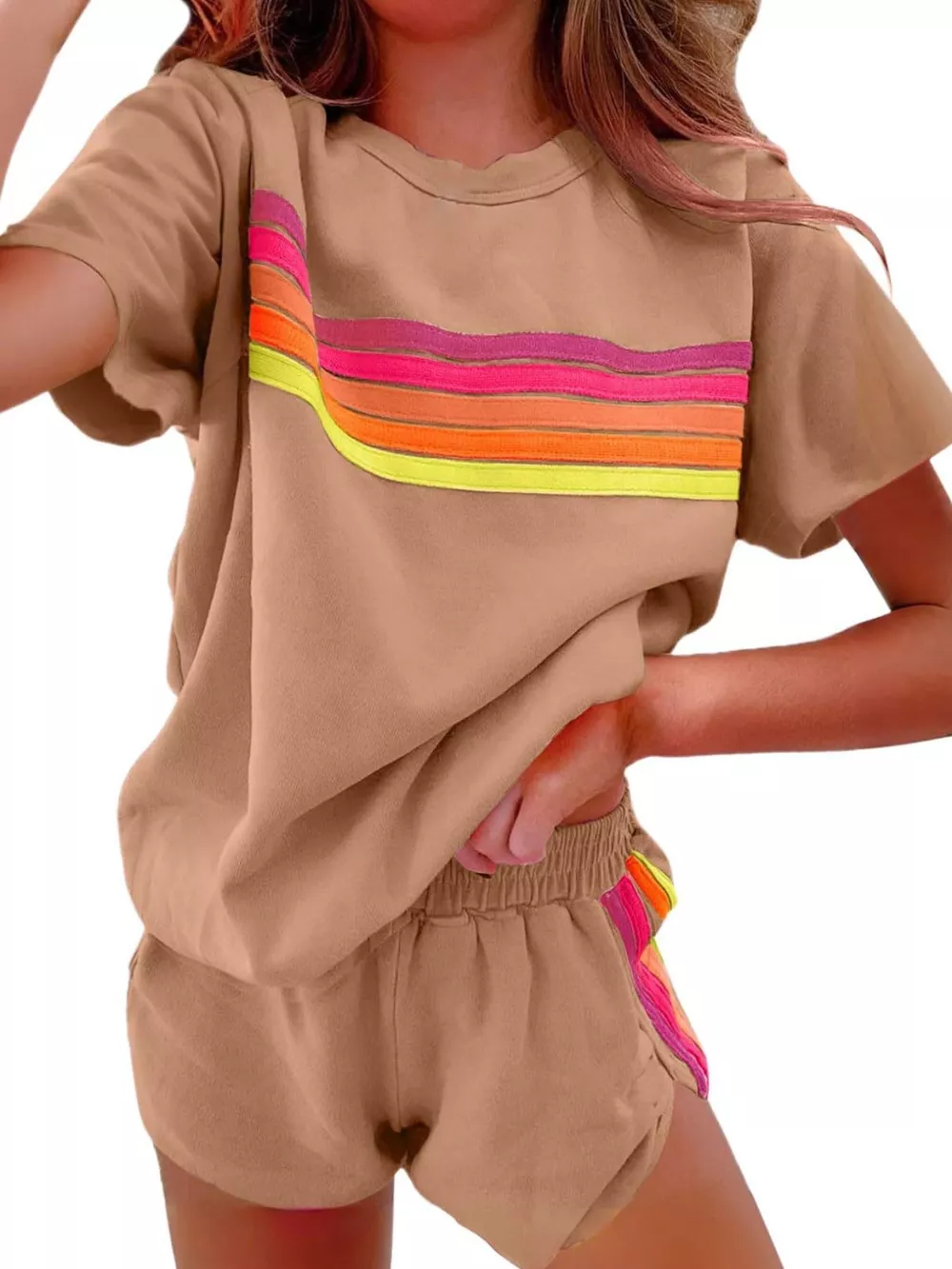 Rainbow Striped Round Neck Top and Shorts Set, image 18
