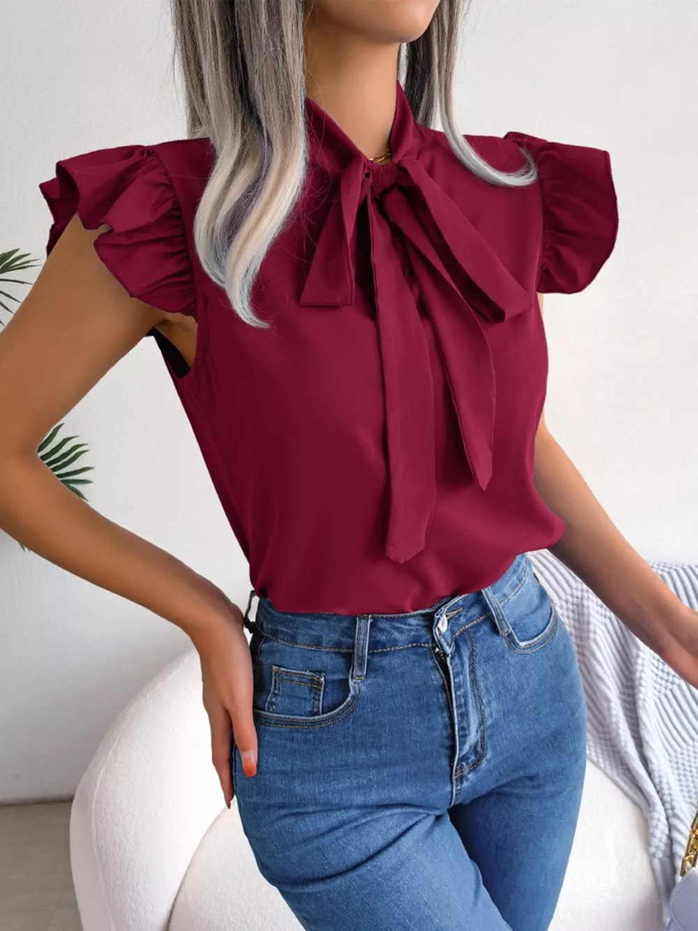 Bow Tie Ruffle Sleeve Blouse, image 4