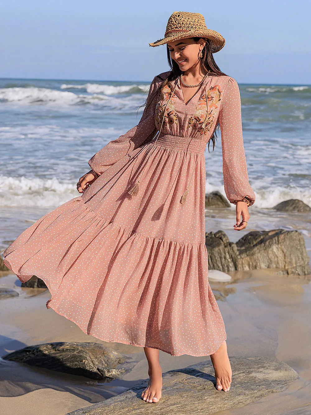 Embroidered Polka Dot Tie Neck Long Sleeve Midi Dress, image 9