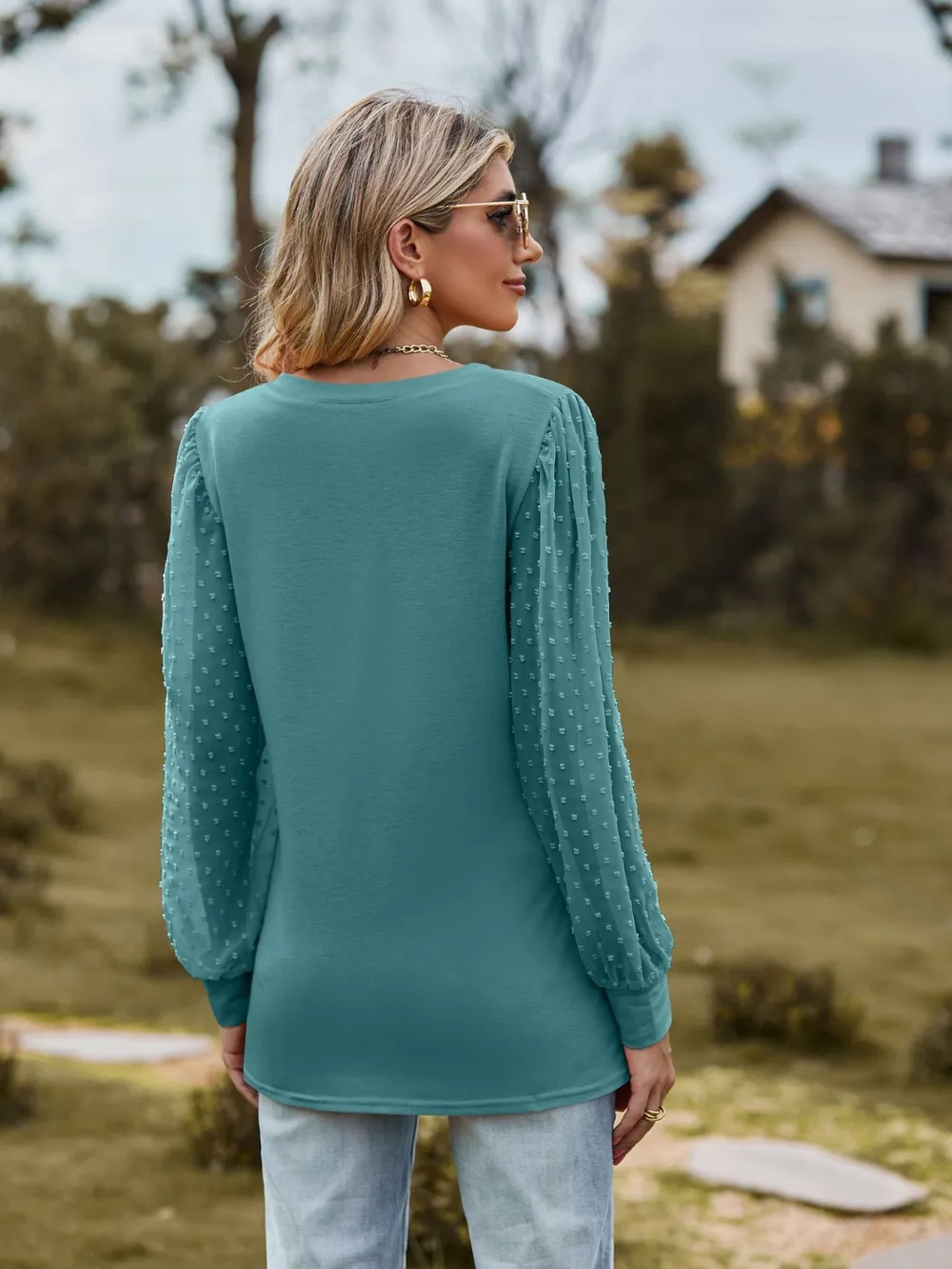 Swiss Dot V-Neck Long Sleeve Blouse, image 19