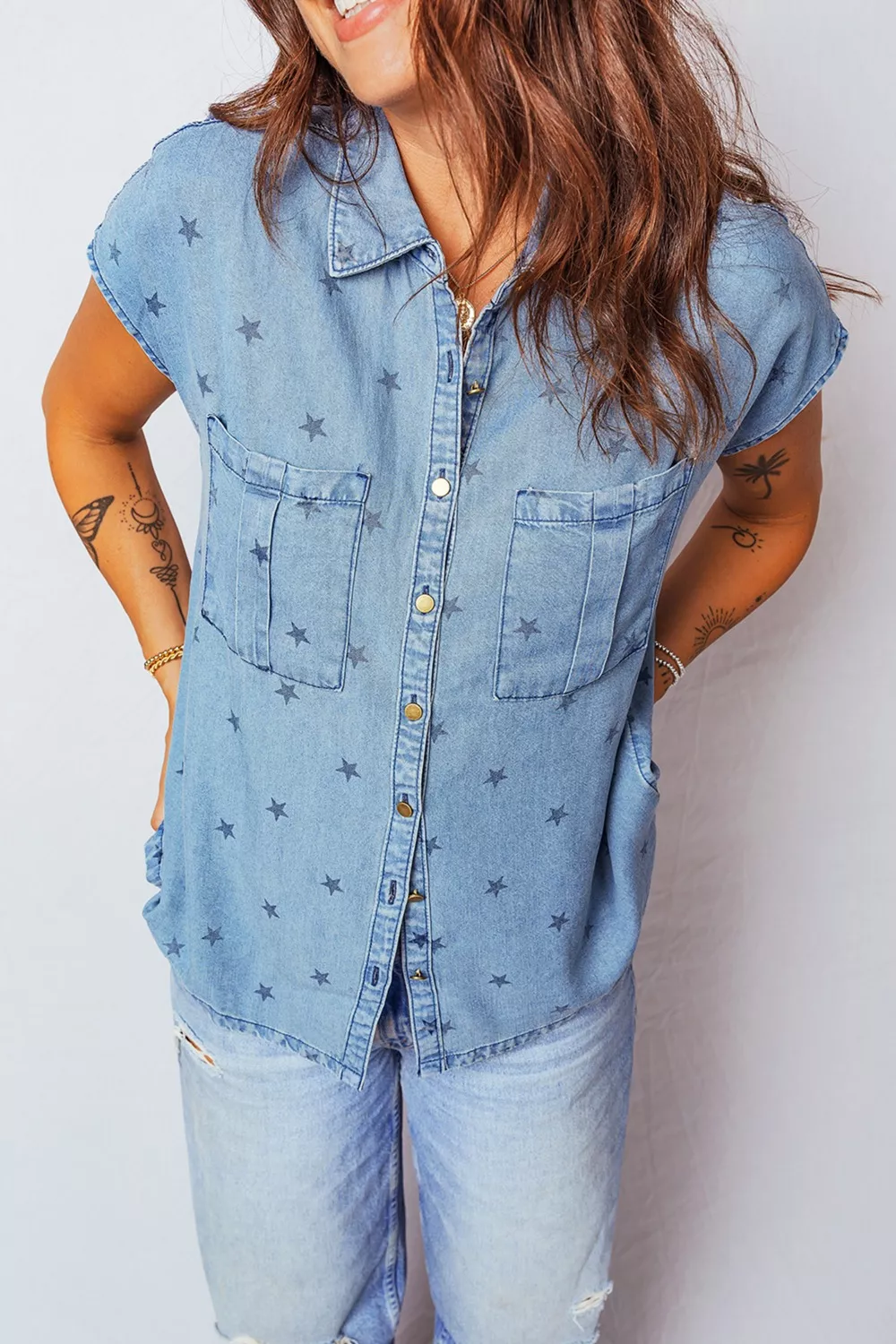 Double Chest Pocket Short Sleeve Denim Shirt, image 11