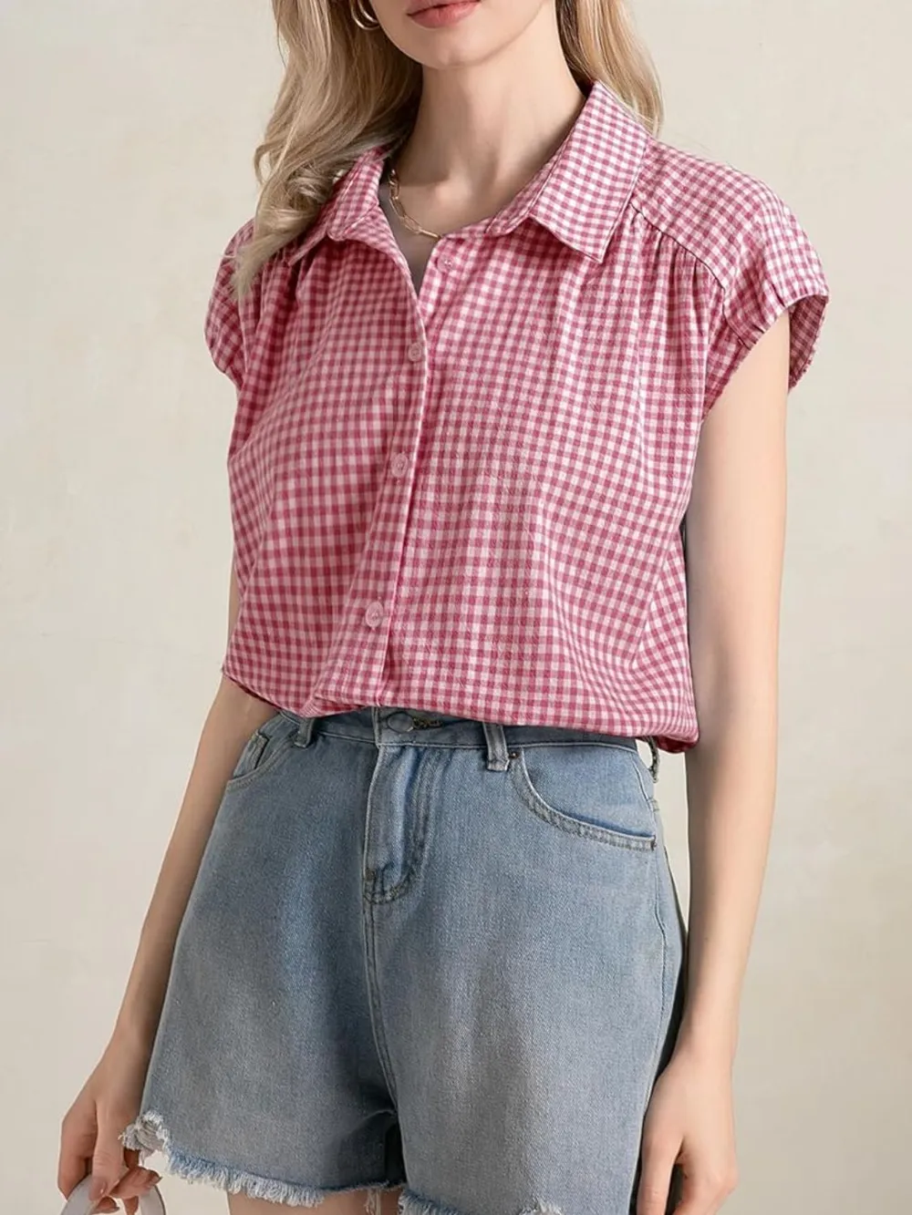 Plaid Button Up Cap Sleeve Shirt, image 25