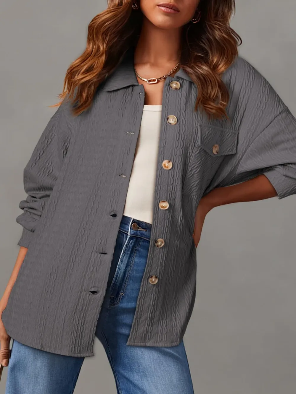 Textured Button Up Long Sleeve Shacket, image 4
