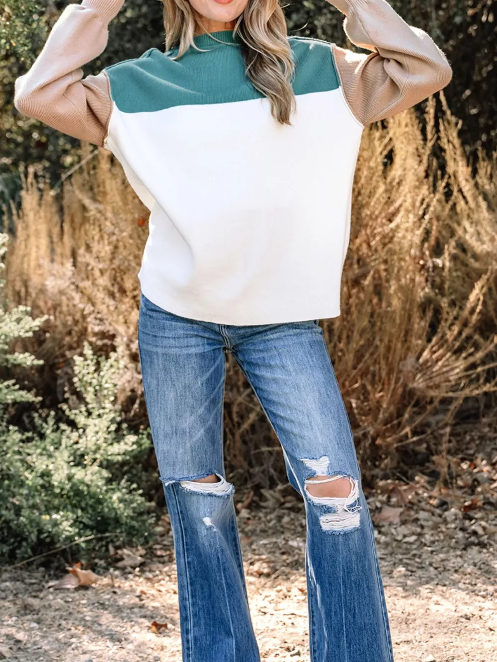 Color Block Plain Ribbed Knit Sweatshirt, image 4