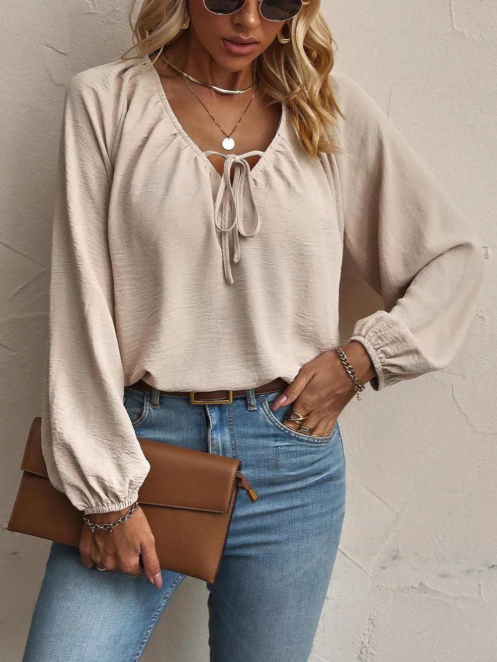 V-Neck Tie-Front Long Sleeve Blouse with Textured Fabric