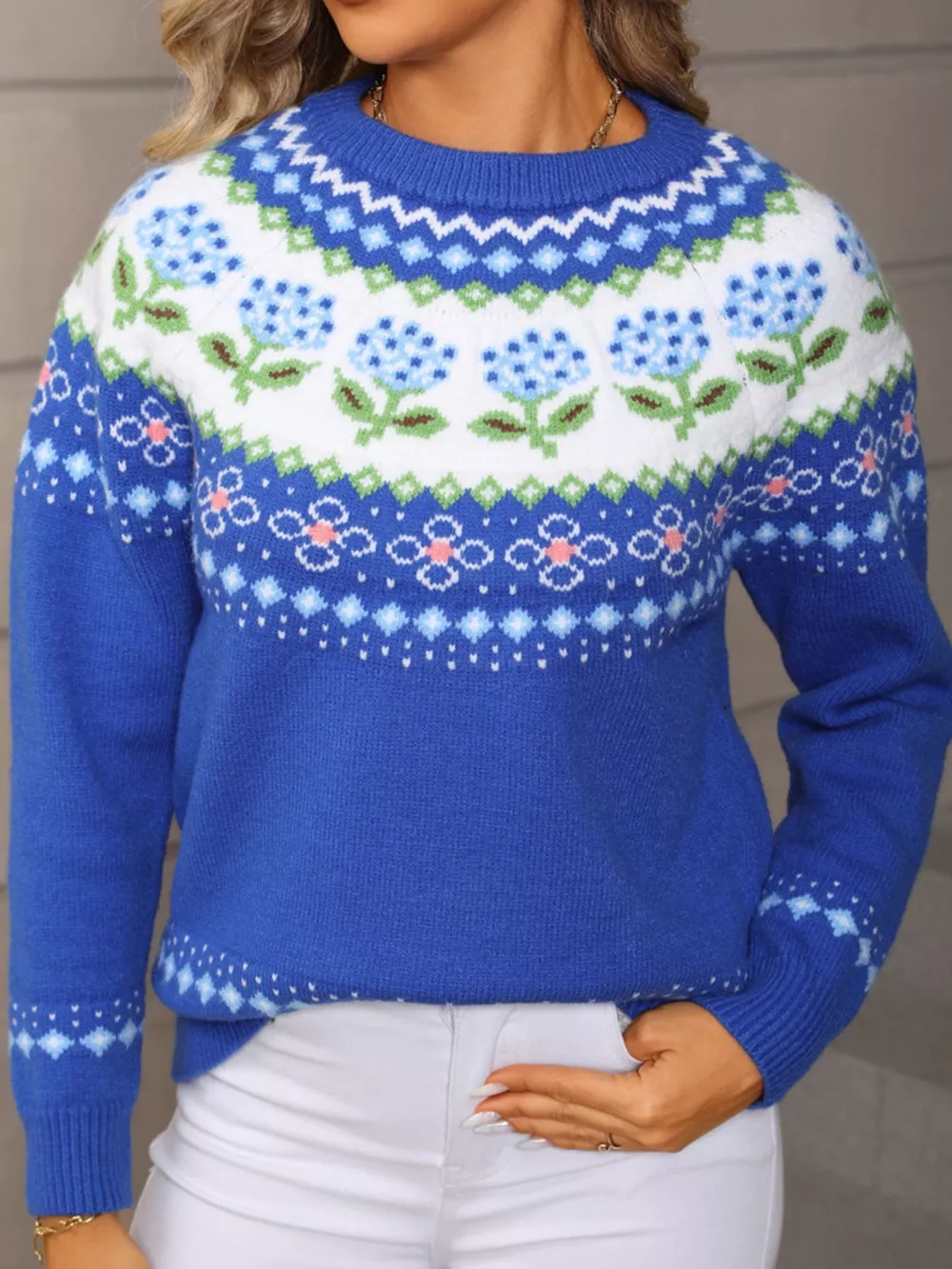 Floral Pattern Crew Neck Sweater, image 3